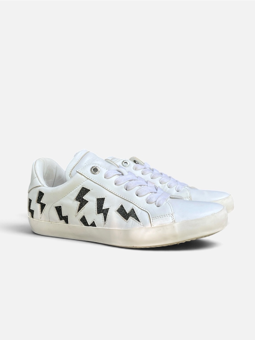 Zadig & Voltaire ZV1747 White Leather Low Top Lightning Bolt Sneakers Size 40